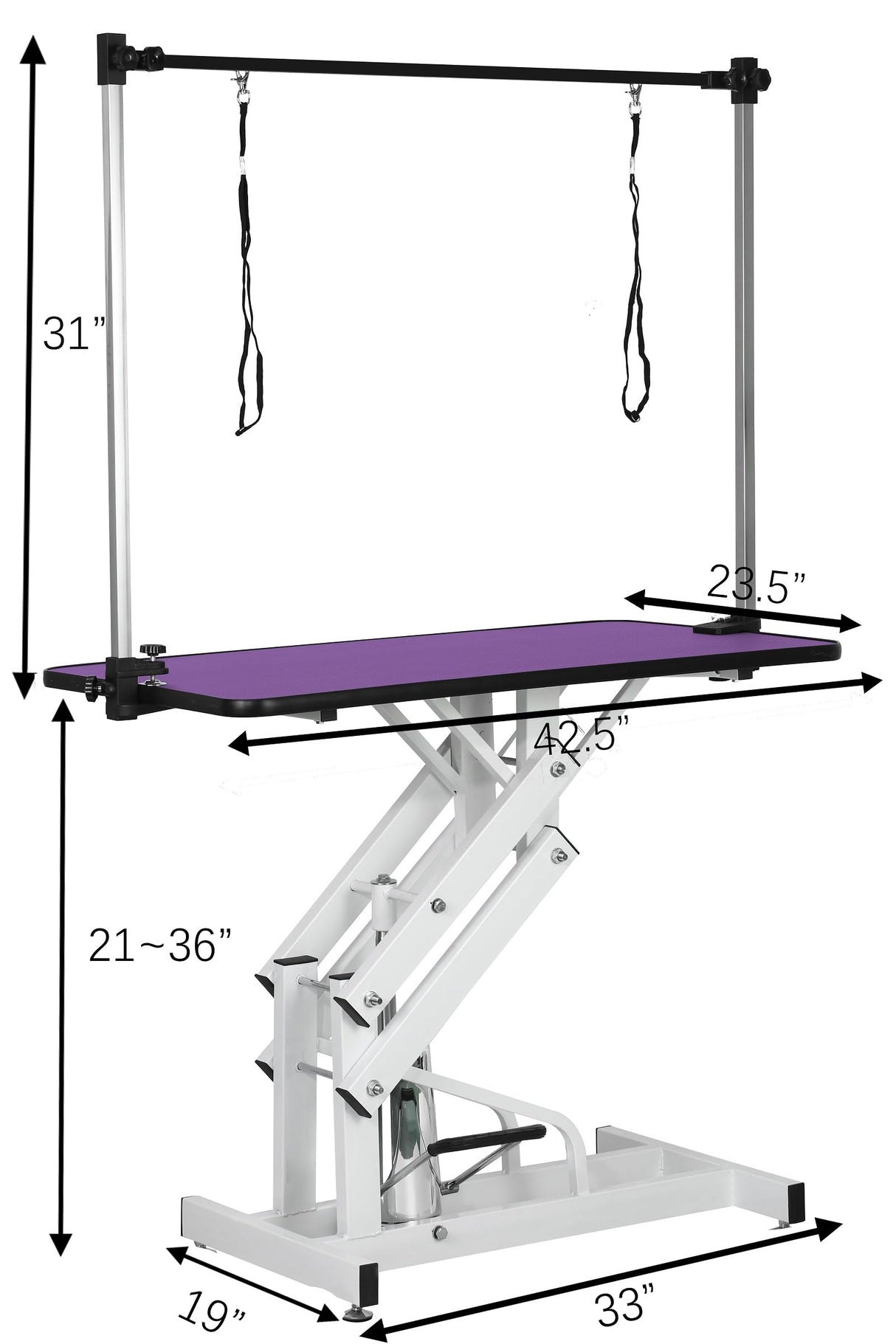 TRODEP 42.5" Hydraulic Dog Grooming Table for Large Dogs Heavy Duty Height Adjustable Dog Grooming Table with Gantry Arm & Noose Height Range 21-36 inch Purple TRODEP