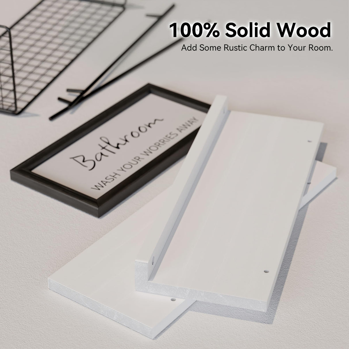 WOPITUES Floating Shelves for Bathroom Wall Decor Sign, Bathroom Organizer and Storage, Bathroom Shelves Over Toilet with Metal Guardrail-Modern White WOPITUES