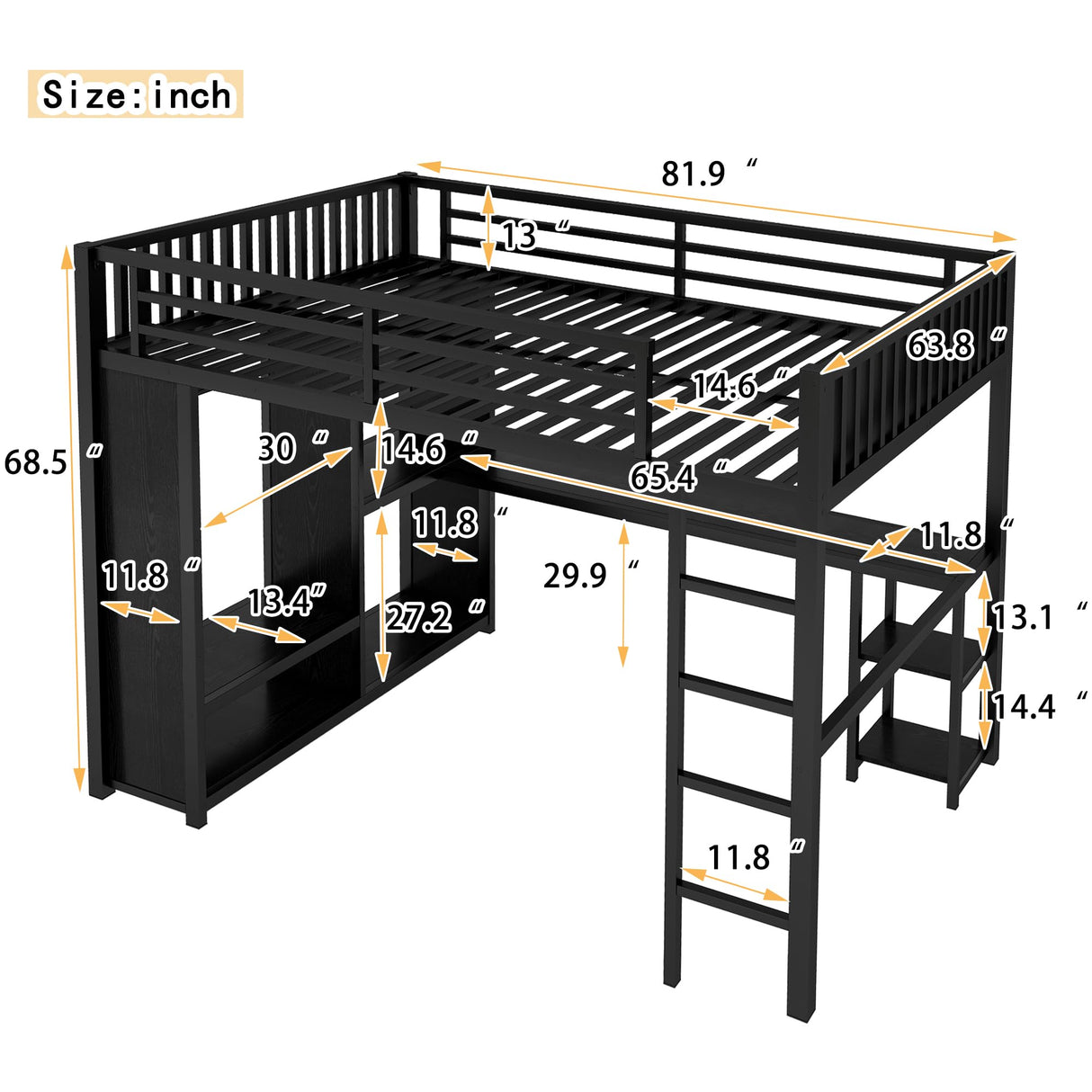 HZSMHDZKJ Queen Size Modern Loft Bed with Desk, Storage Shelves and Wardrobe, Metal Loft Bed Frame with Ladder and Full-Length Guardrail for Kids Teens Adults, No Box Spring Needed (Black-03, Queen) HZSMHDZKJ