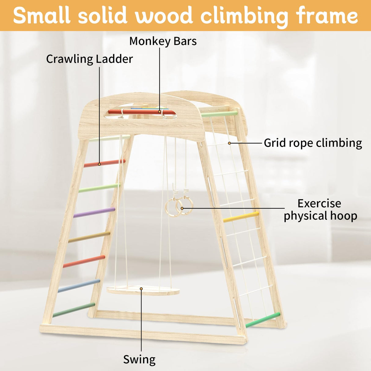 HSSZXFR Indoor Playground for Kids 3-8 Years Old, Jungle Gym Toddler Playset Wooden, Toddler Indoor Play Kids Climbing Gym with Swing, Rope Wall Climber, Pull Tab HSSZXFR