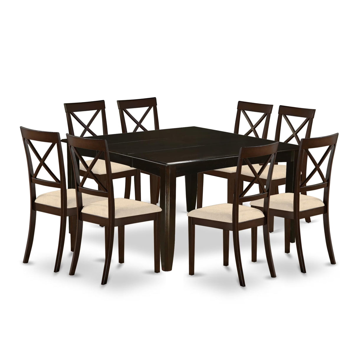 East West Furniture PFBO9-CAP-C 9 Piece Dining Table Set Includes a Square Wooden Table with Butterfly Leaf and 8 Linen Fabric Dining Room Chairs, 54x54 Inch, Cappuccino East West Furniture