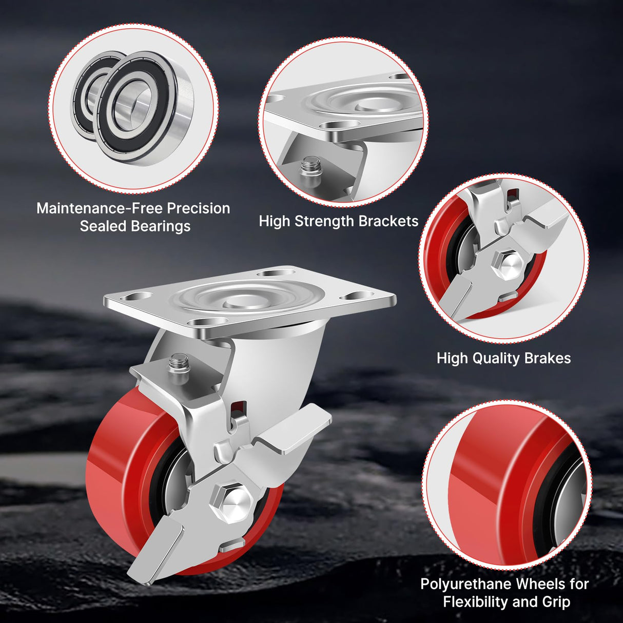 Nefish 4 Inch Heavy Duty Casters Wheels, Industrial Grade Polyurethane Casters Set of 4 with Dual Ball Bearing, Solid Polyurethane Wheel 2500 Lb, Plate Swivel Casters for Cart, Industrial, Machine Nefish