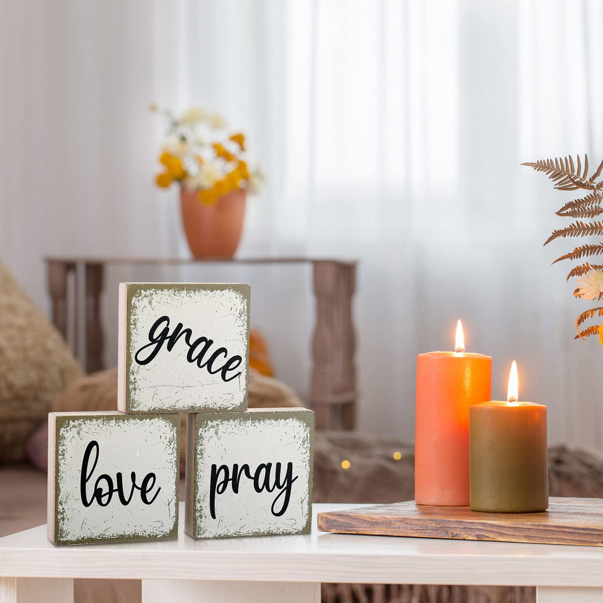 Qunclay 6 Pieces Farmhouse Tiered Tray Decor Inspirational Rustic Wood Sign Faith Love Hope Wooden Table Decorations Art Print Wooden Block Signs for Office Home Tabletop Bookshelf, 2.5 x 2.5 Inch Qunclay