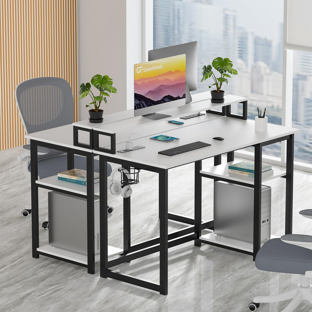 GreenForest 40 inch Home Office Desk with Power Outlets, Small Computer Desk with Ergonomic Monitor Stand, Reversible Gaming Desk, Modern Study Desk, Laptop Desk, White GreenForest