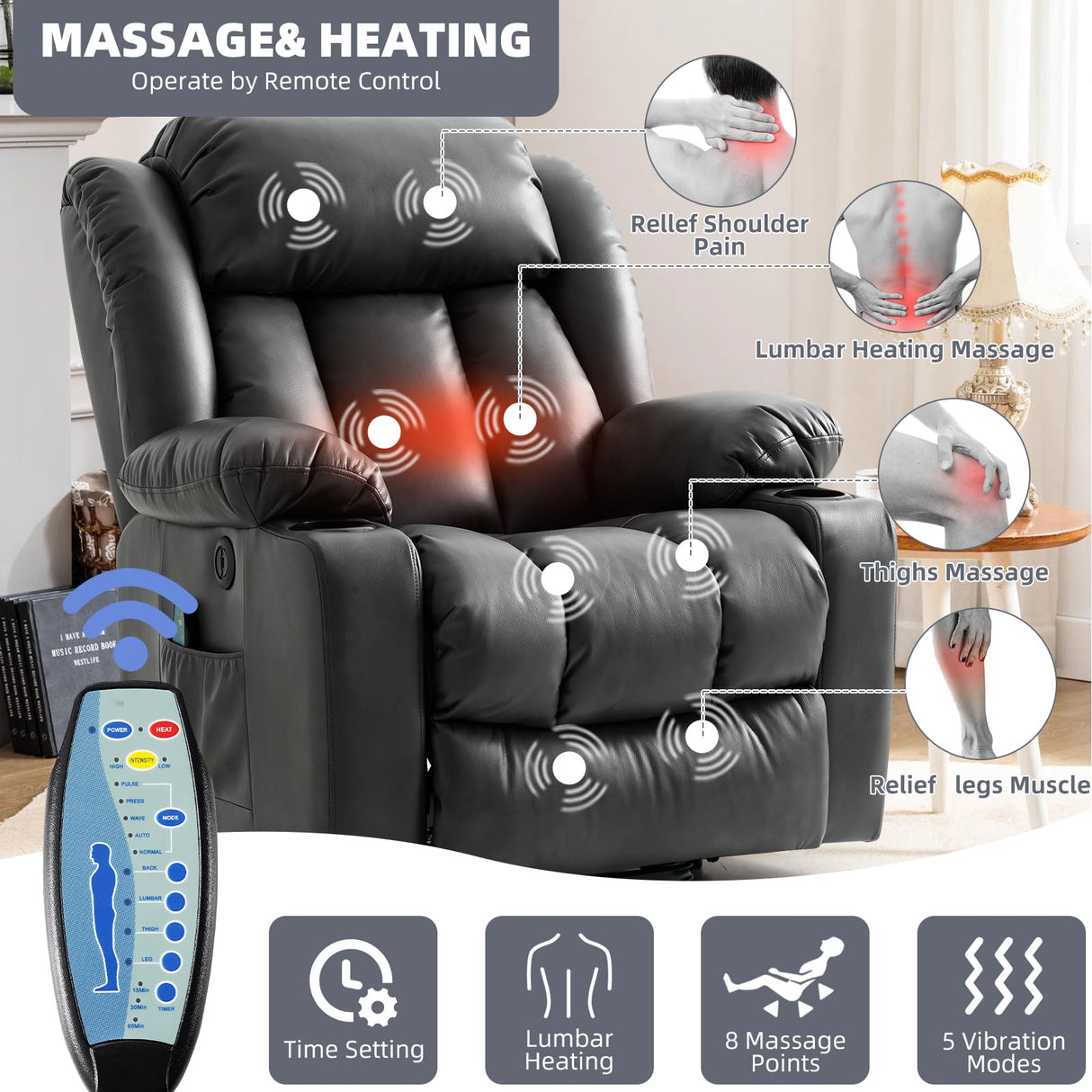 RESTREAL Power Lift Recliner Chair for Elderly, Electric Recliner Chairs for Adults with Massage and Heat, Cup Holders, Remote Control, USB Ports, Side Pockets, Leather (Black) RESTREAL