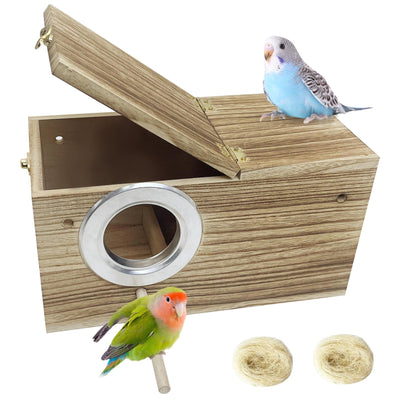 PINVNBY Parakeet Nesting Box, Carbonized Wood Bird Box, Wood Breeding Box for Birds, Budgie Lovebirds Conure Finch Parrot Canary (M: 9.8 x 5.3 x 5.3 inch)