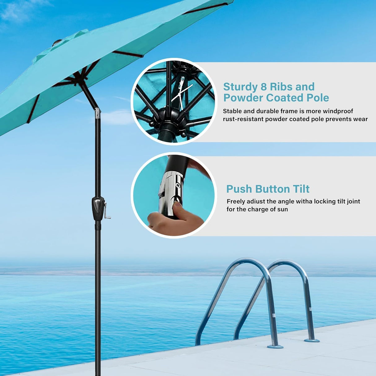 HealSmart 9' Outdoor Patio Umbrella, Market Table Umbrella with 8 Sturdy Ribs, Push Button Tilt and Crank for Garden, Yard, Pool, Turquoise HealSmart