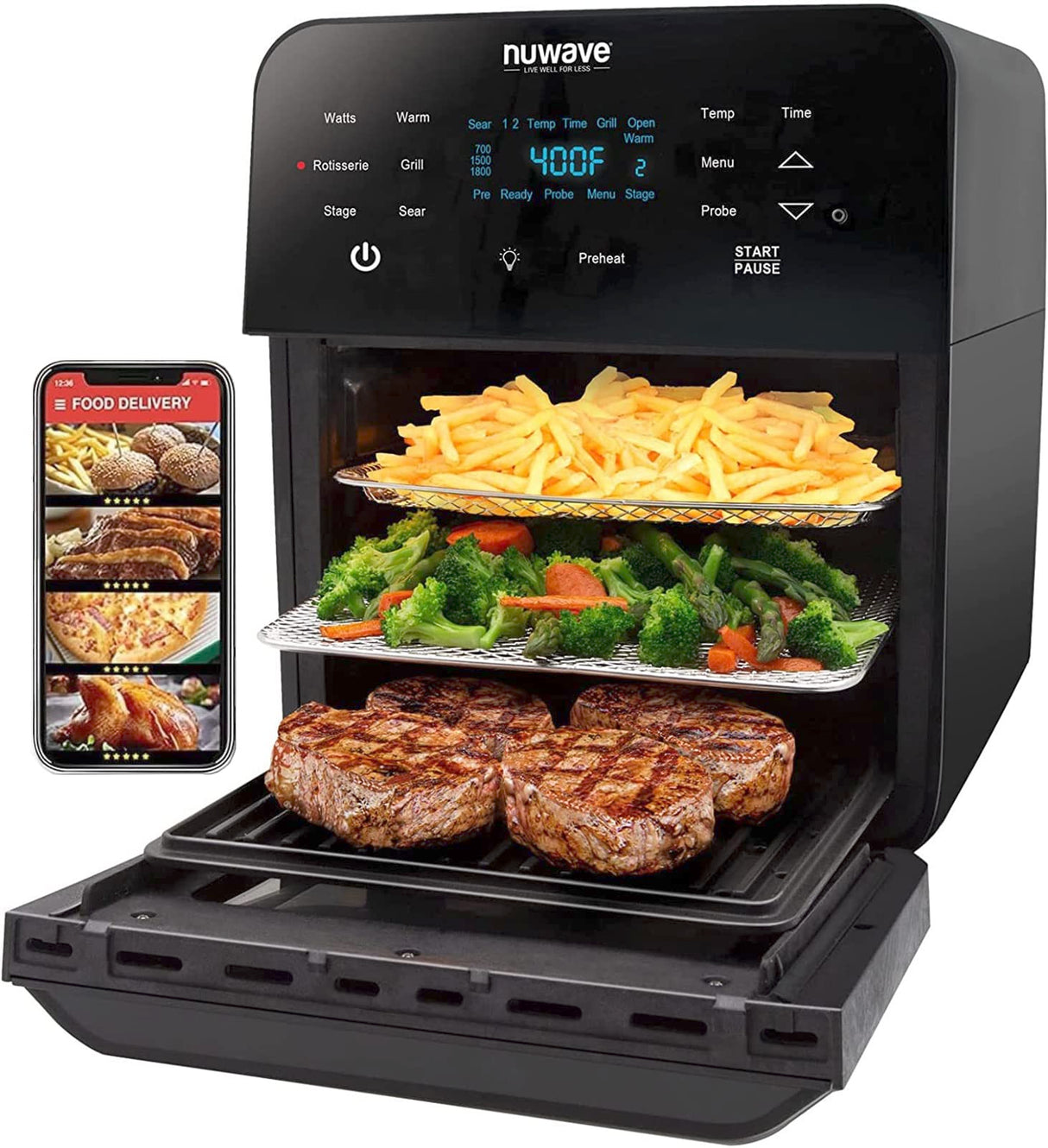 Nuwave Brio Air Fryer Oven, 15.5Qt X-Large Family Size, SS Rotisserie Basket &Skewer-Kit, Reversible Ultra Non-Stick Grill/Griddle Plate, Powerful 1800W, Integrated Smart Thermometer,Black Nuwave