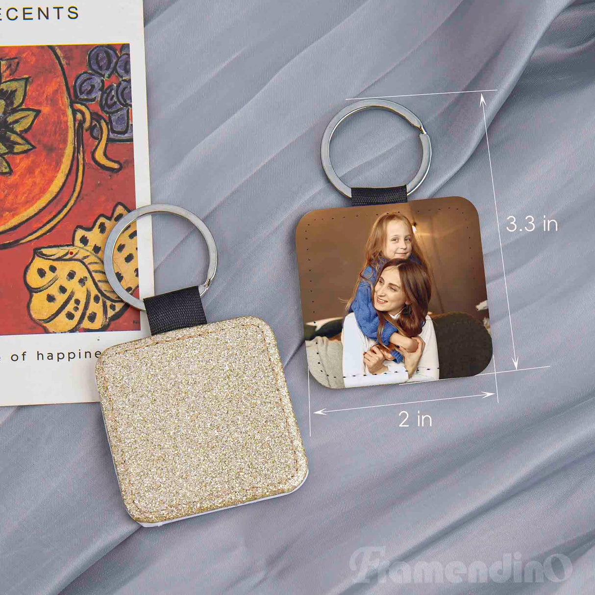 Framendino, 16 Pack Sublimation Blank Keychain Glitter PU Leather Square Rectangle Heat Transfer Key Chain for DIY Craft Making(Gold) Framendino