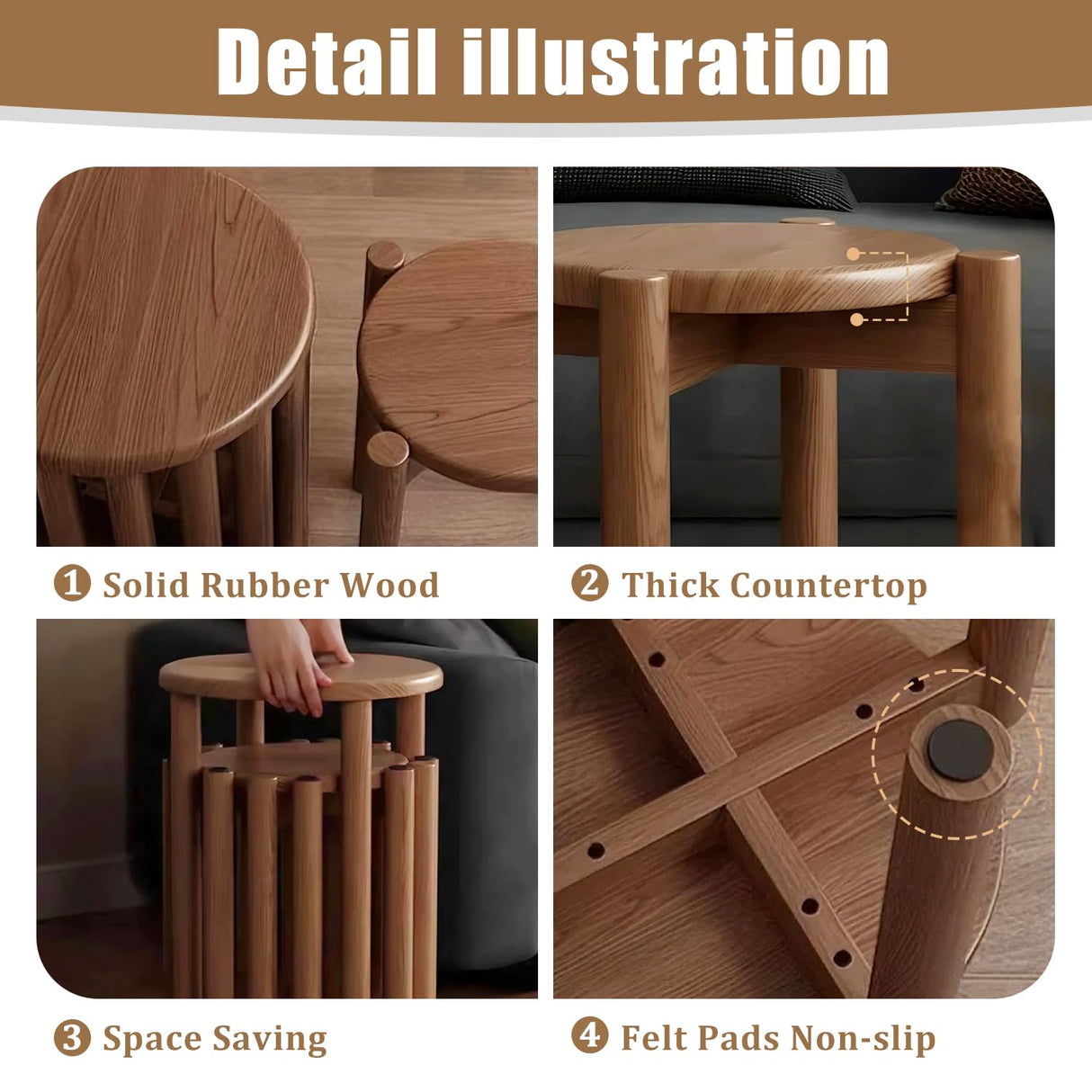 Buzleer Stackable Stools Set of 4, Solid Wood Nesting Coffee Table Saving Space Nesting Side Tables for Kitchen Bedroom Living Room Bar Buzleer