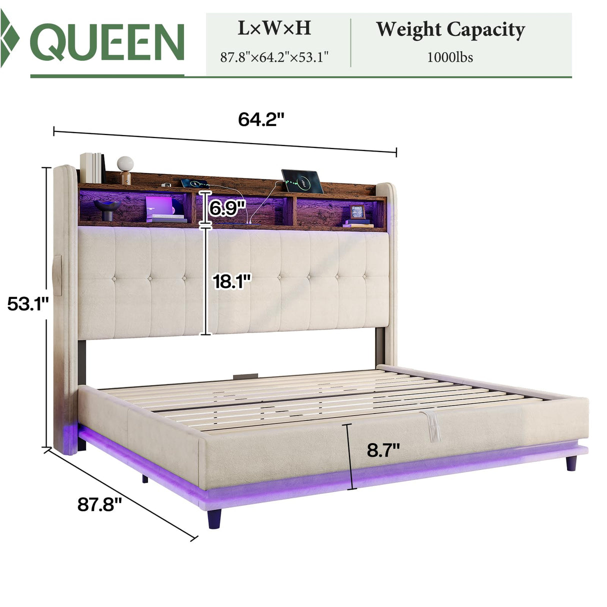 Jocisland Queen Size Bed Frame with Hydraulic Lift Up Storage, 53.1" H Built-in Bookcase & RGB LED Headboard, Velvet Upholstered Wingback Design, No Box Spring Needed, Cream Jocisland