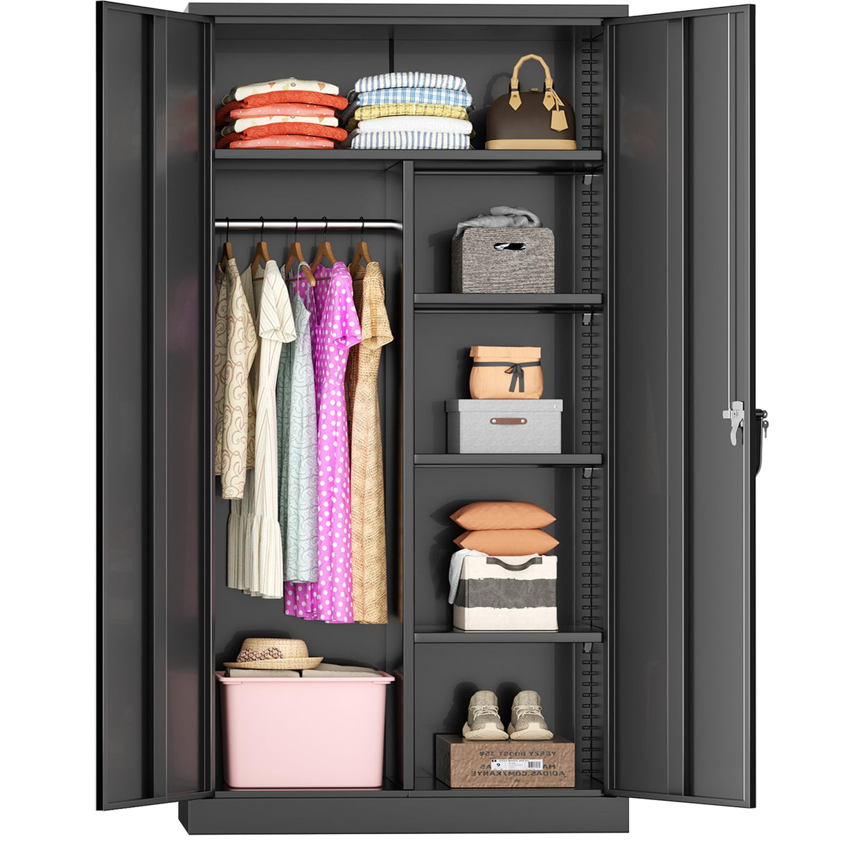 Greenvelly Metal Wardrobe Cabinet with Locking Doors, 72"H Black Metal Wardrobe Closet with Hanging Rods and Adjustable Shelves, Clothing Storage Closet for Home, Office, Employee, Gym (18" D x 36” W) Greenvelly