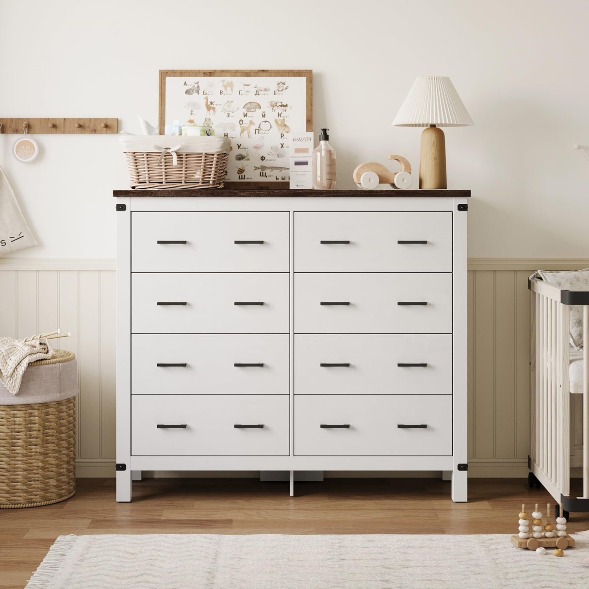 LINSY HOME Farmhouse 8 Drawer Double Dresser for Bedroom, 50” Wide Rustic Wood Chest with Deep Drawers, Modern Dressers with Storage and Metal Handles for Closet, Living Room, Hallway, Off White LINSY HOME
