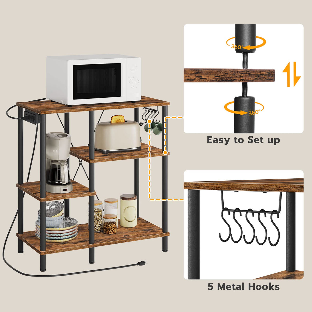HOOBRO Bakers Rack with Power Outlet, Microwave Stand with 5 S-Shaped Hooks, Coffee Bar, Kitchen Storage Shelf, for Kitchen, Living Room, Rustic Brown and Black BF07UHB01 HOOBRO