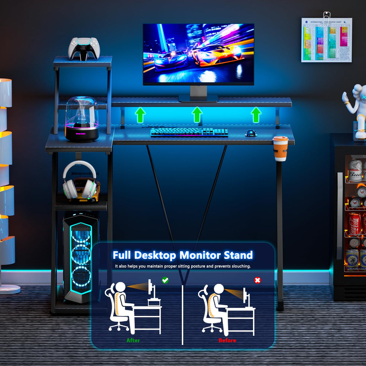 Korfile L Shaped Gaming Desk with LED Lights & Power Outlet, 39 Inch Computer Desk with Extra Storage Shelves, Reversible Gamer Workstations with Monitor Stand for Bedroom, Carbon Fiber Black Korfile