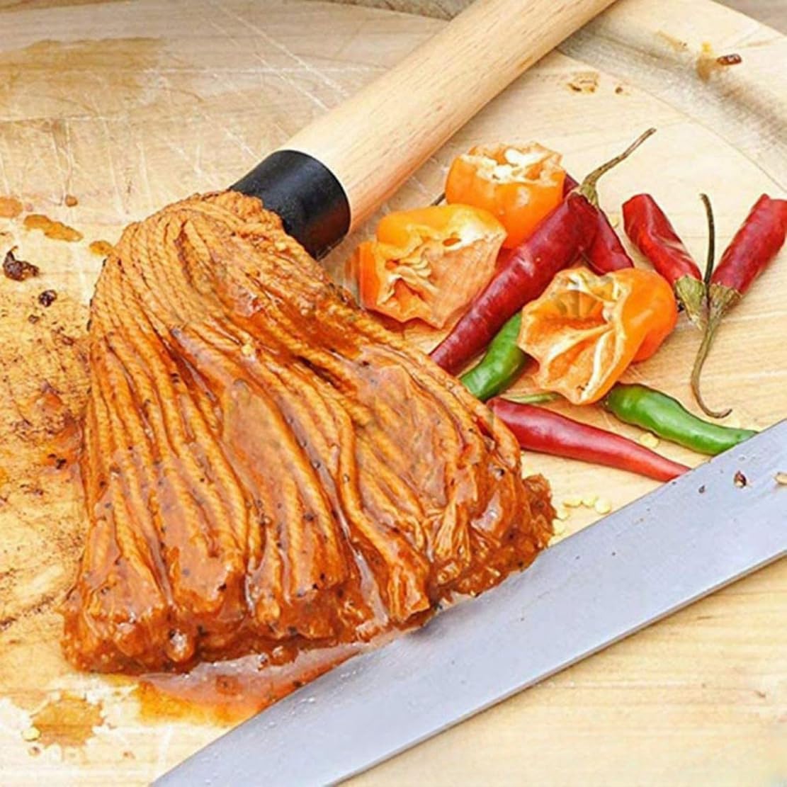 WHTCHSU 11.2 Inch Grill Basting Mop Wooden Long Handle with 1 Extra Replacement Heads for BBQ Grilling Smoking Steak WHTCHSU