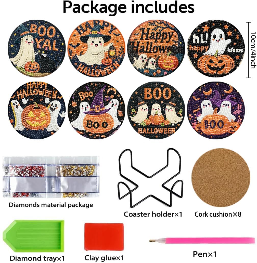 8 Pcs Diamond Paintings Coasters Kits with Holder, DIY Halloween Coaster Diamond Art Kits,Full Drill Rhinestone Painting Kits for Adults, DIY Drink Coasters Art Crafts Supplies for Home Decor House mjcakrn