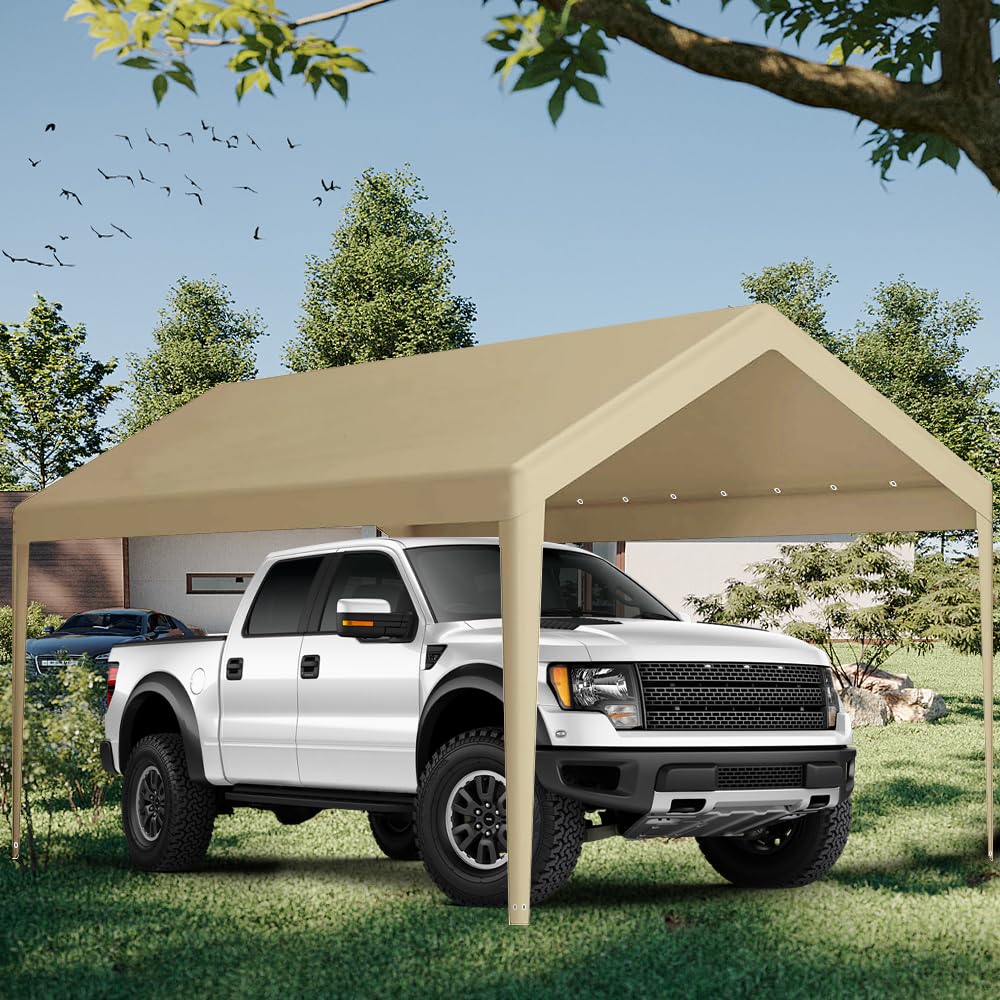 Carport Replacement Canopy, Replacement Top Cover for 12' x 20' Carport Frame, 180G PE Fabric Waterproof & UV Protected Tarp with Ball Bungees, Beige (Only Top Cover, Frame is not Included) Vanteriam