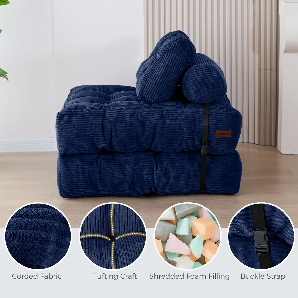 MAXYOYO Folding Sofa Bed, Convertible Sleeper Chair with Pilow Foldable Matress with Back Support, Portable Fold Out Chair Bed Comfy Floor Sofa Lounge for Living Room Bedroom, Navy, Single MAXYOYO