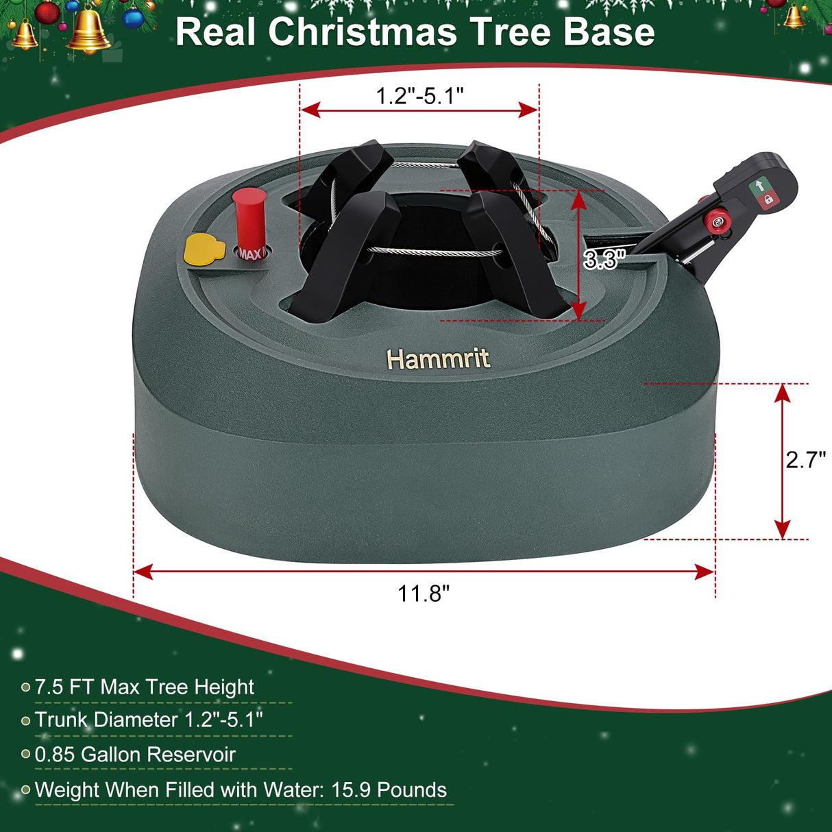 Christmas Tree Stand for Real Trees, Heavy Duty Live Christmas Tree Stand with Reservoirs, Fits Trees up to 7.5 Ft (1.2-5 In Diameter), No Assembly Required Real Christmas Tree Base Foot Press Hammrit