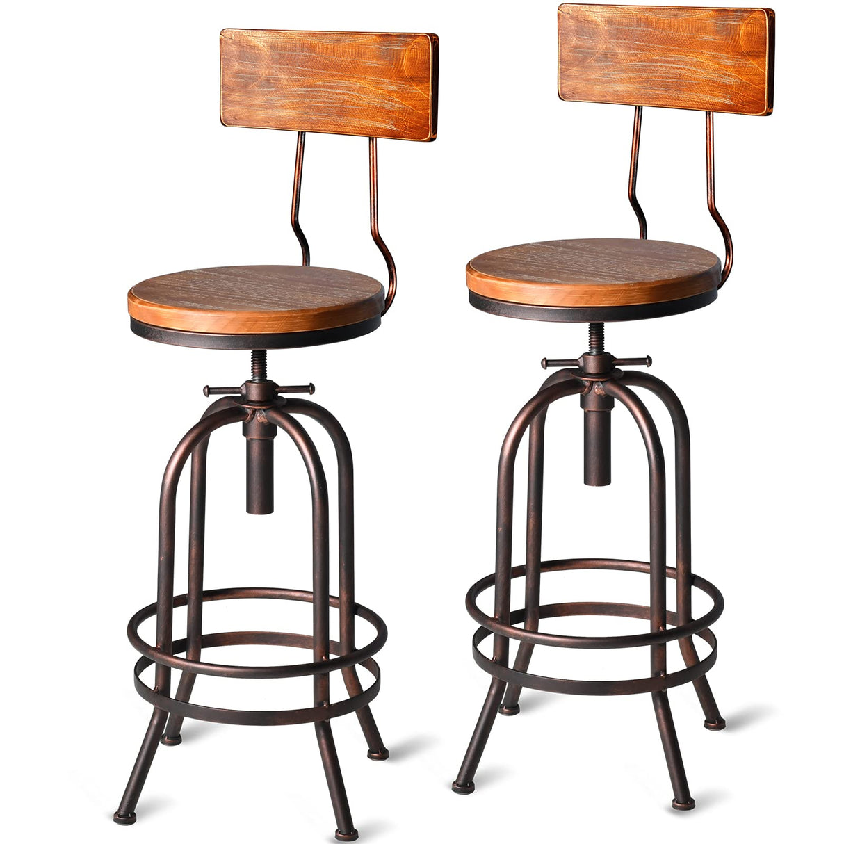 BOKKOLIK Set of 2-Industrial Bar Stools-Swivel Wooden Seat-Bar Counter Height Adjustable 26-32.2inch-Kitchen Dining Chairs BOKKOLIK