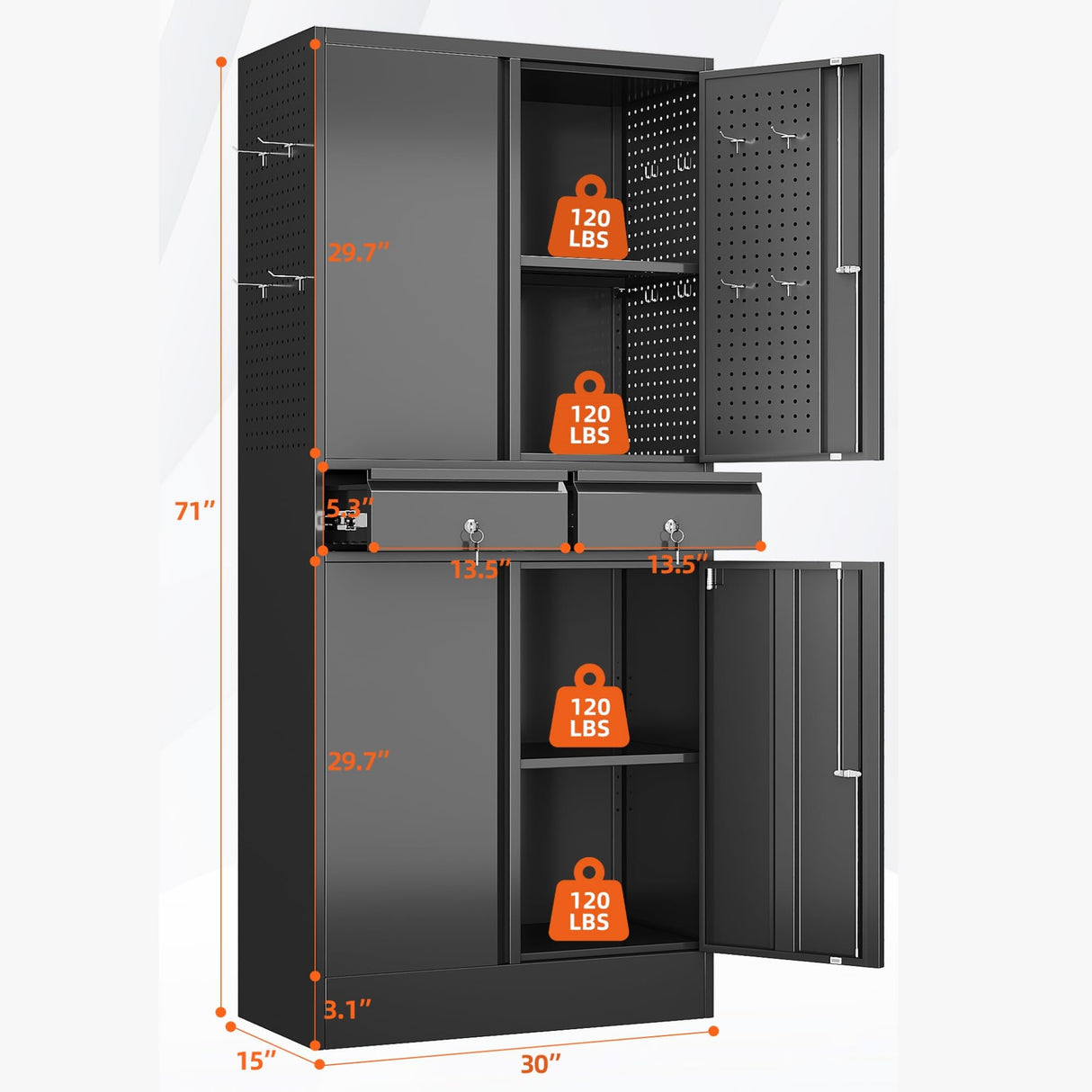 Aobabo 71" H×30" W×15" D Metal Storage Cabinet with 2 Drawers, Locking Steel Storage Cabinet with 2 Adjustable Shelves and 8 Hooks for Garage, Office, Black, Assembly Required Aobabo