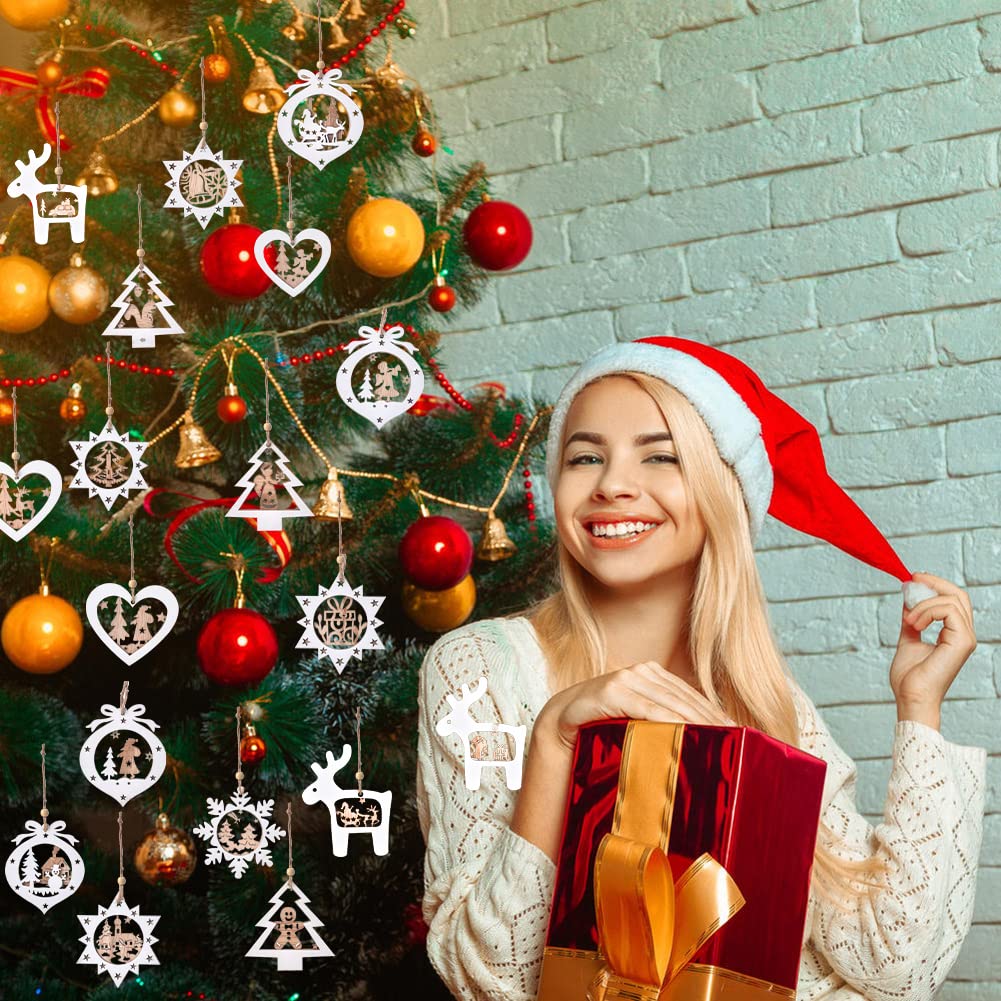 IDATOO Christmas Tree Ornaments Set of 24 Wooden Craved Hanging Craft Decorations for Winter Wonderland, 3D Rustic Farmhouse Christmas Ornaments Holiday Decor for Christmas Tree Home Office (White) IDATOO