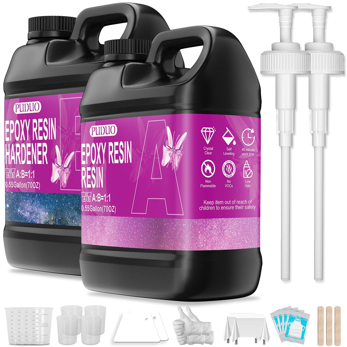 Puduo Epoxy Resin Kit 1.1Gallon,Newly Formulated Crystal Clear Epoxy Resin,Strong, Bubble-Free, Anti-Yellowing Art Resin That,Suitable for Casting, DIY, Resin Art, Molds, Easy to Mix 1:1 Ratio Puduo
