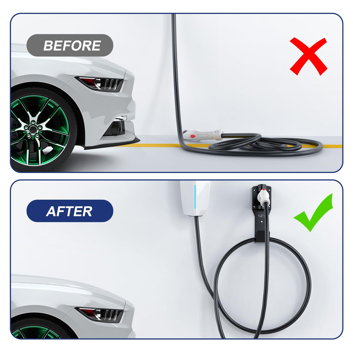 EV Charger Holder Wall Mount Kit, 180° Rotation EV Charger Nozzle Holster Dock for SAE J1772 Connector, Outdoor/Indoor, J-Hook EV Charger Cable Organizer for Electric Vehicles NZY