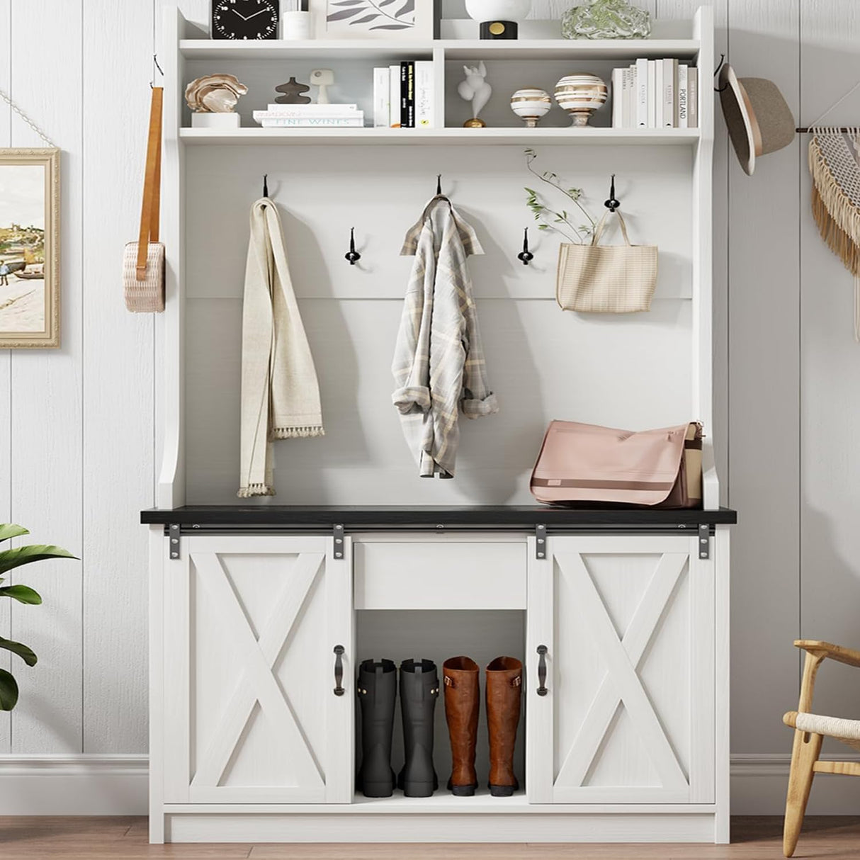 4ever2buy Farmhouse Hall Tree with Bench and Shoe Storage, 5-in-1 Farmhouse Hall Tree with Adjustable Shelf and Barn Doors, Entryway Bench with Coat Rack, White 4ever2buy