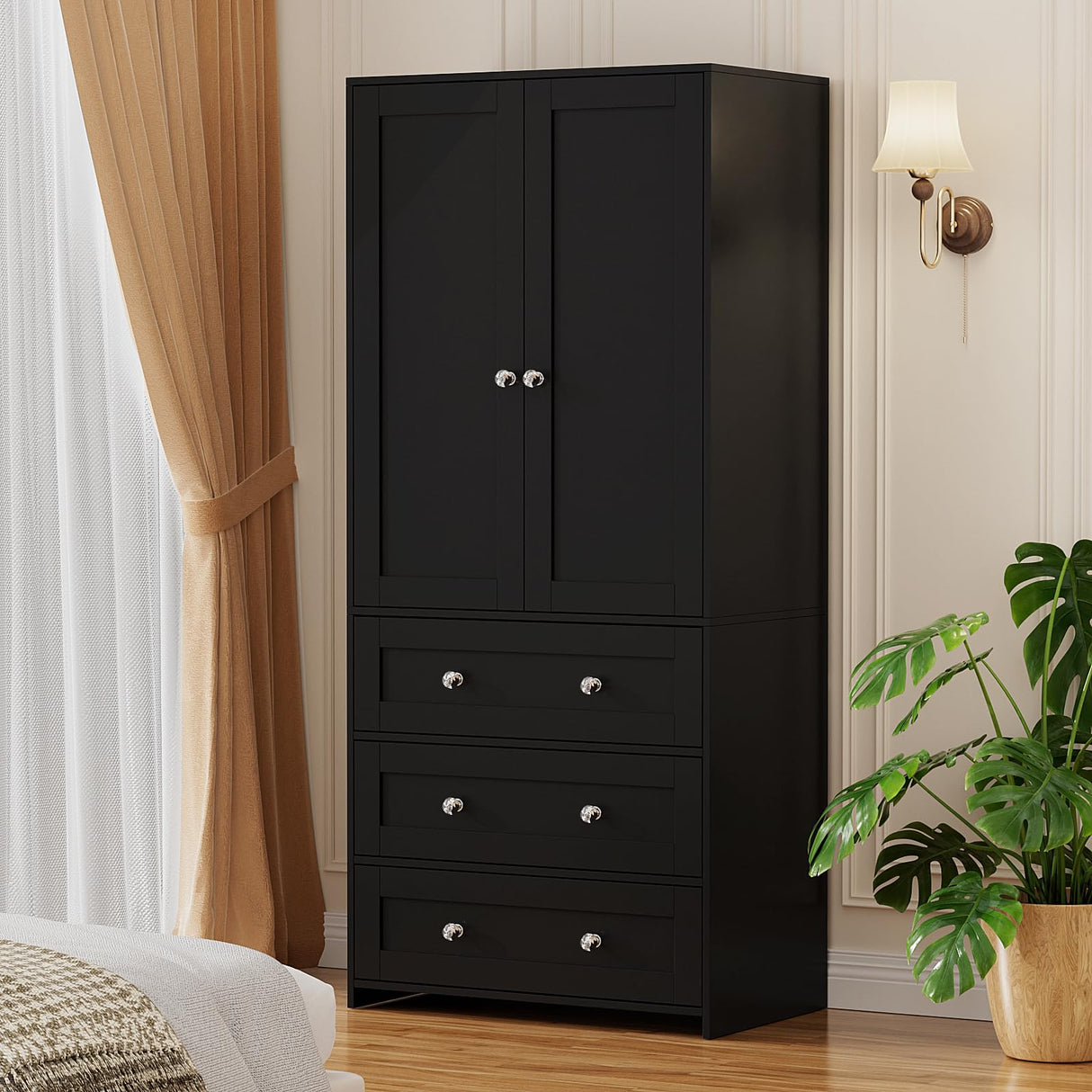 VOWNER Armoire Wardrobe Closet with Drawers and Mirror, 71" Clothing Storage Cabinet with Hanging Rod, 2 Doors Wooden Wardrobe Cabinet for Bedroom, Large Capacity Storage,Black VOWNER