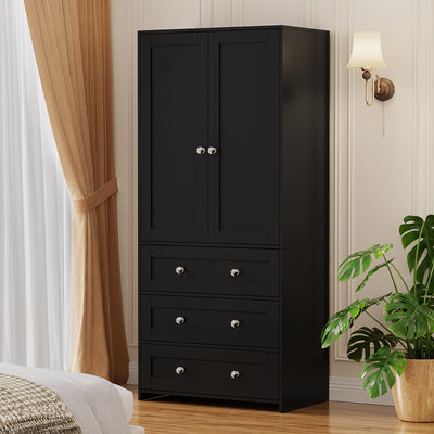 VOWNER Armoire Wardrobe Closet with Drawers and Mirror, 71" Clothing Storage Cabinet with Hanging Rod, 2 Doors Wooden Wardrobe Cabinet for Bedroom, Large Capacity Storage,Black