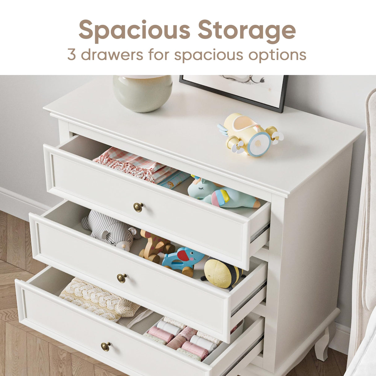 RoyalCraft White 3 Drawer Dresser for Bedroom, Wide Chest of Drawers with Ball Bearing Slide, Modern Wood Dresser Wide Nightstand Cabinet for Living Room RoyalCraft