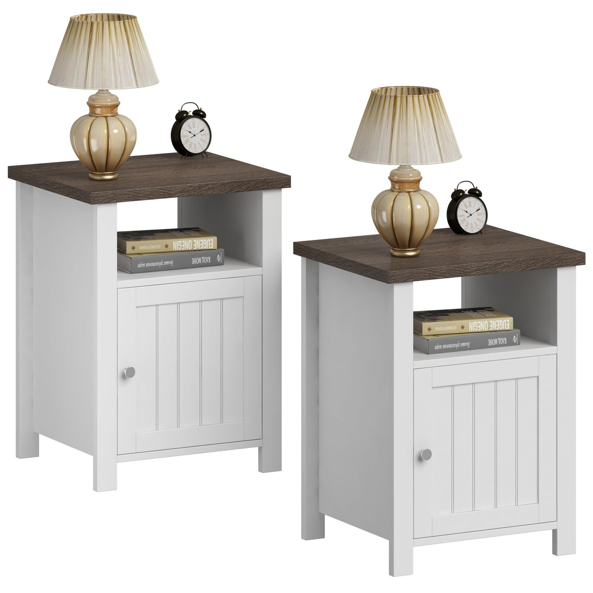 ChooChoo Farmhouse Nightstands Set of 2, Rustic Vintage End Side Table with Storage for Bedroom Living Room, White ChooChoo
