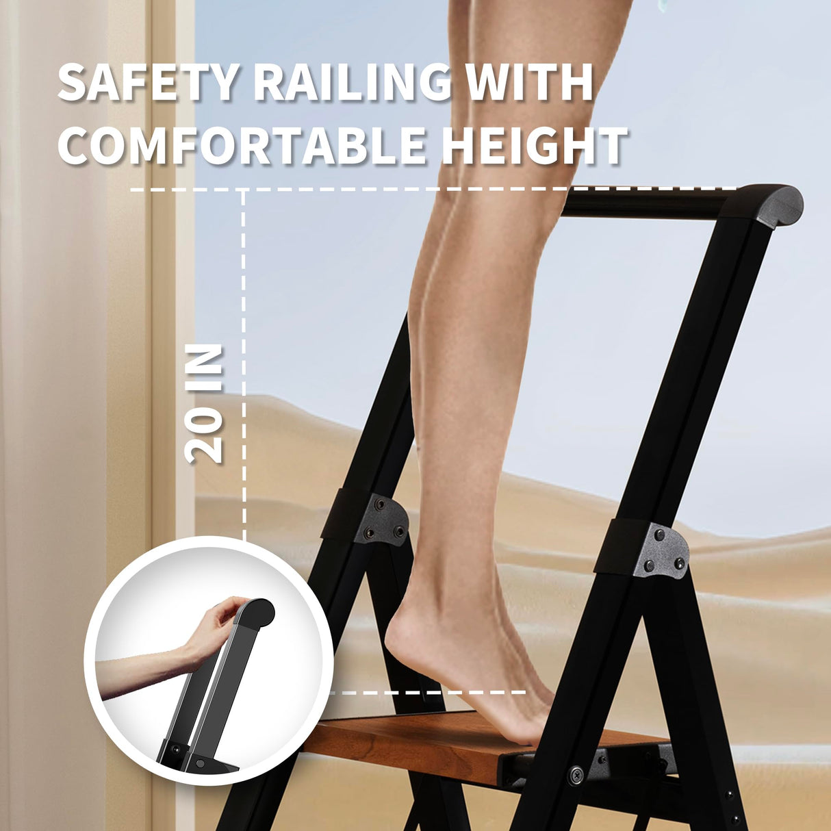 3 Step Ladder, Folding Step Stool with Aluminum Wide Pedal& Convenient Handgrip, 330lbs Capacity Steel Ladder for Household and Office (Black & Woodgrain) BEFITMACE