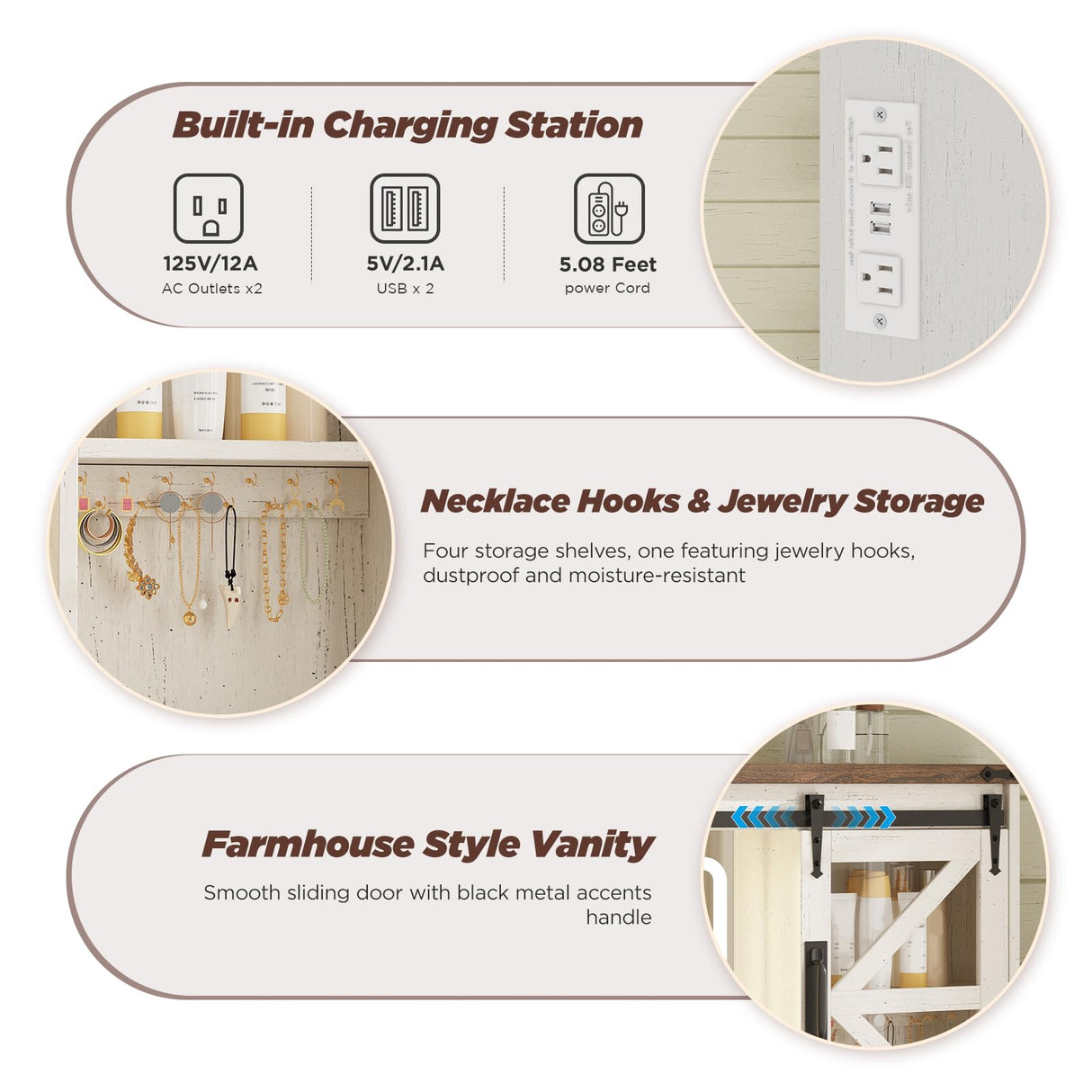 Vabches Farmhouse Makeup Vanity with Sliding Cabinets, White Vanity Desk with Lights Mirror and Power Outlet, Rustic Dressing Table with 4 Drawers&2 Storage Cabinets for Bedroom Vabches