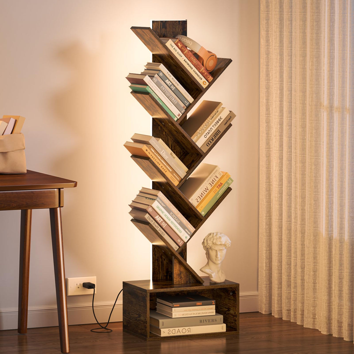 Yoobure Tree Bookshelf with LED Light, 6 Tier Book Shelf, Small Bookcase Narrow Bookshelves with Storage, Wood Book Case Organizer for CDs/Books, Floor-Standing Rack for Bedroom, Office, Rustic Brown Yoobure