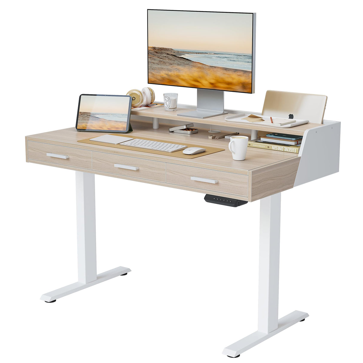 FEZIBO Electric Standing Desk with Drawers, 55x26 Inch Adjustable Height, Stand Up Desk with Monitor Shelf, Sit Stand Home Office Desk, Light Walnut FEZIBO
