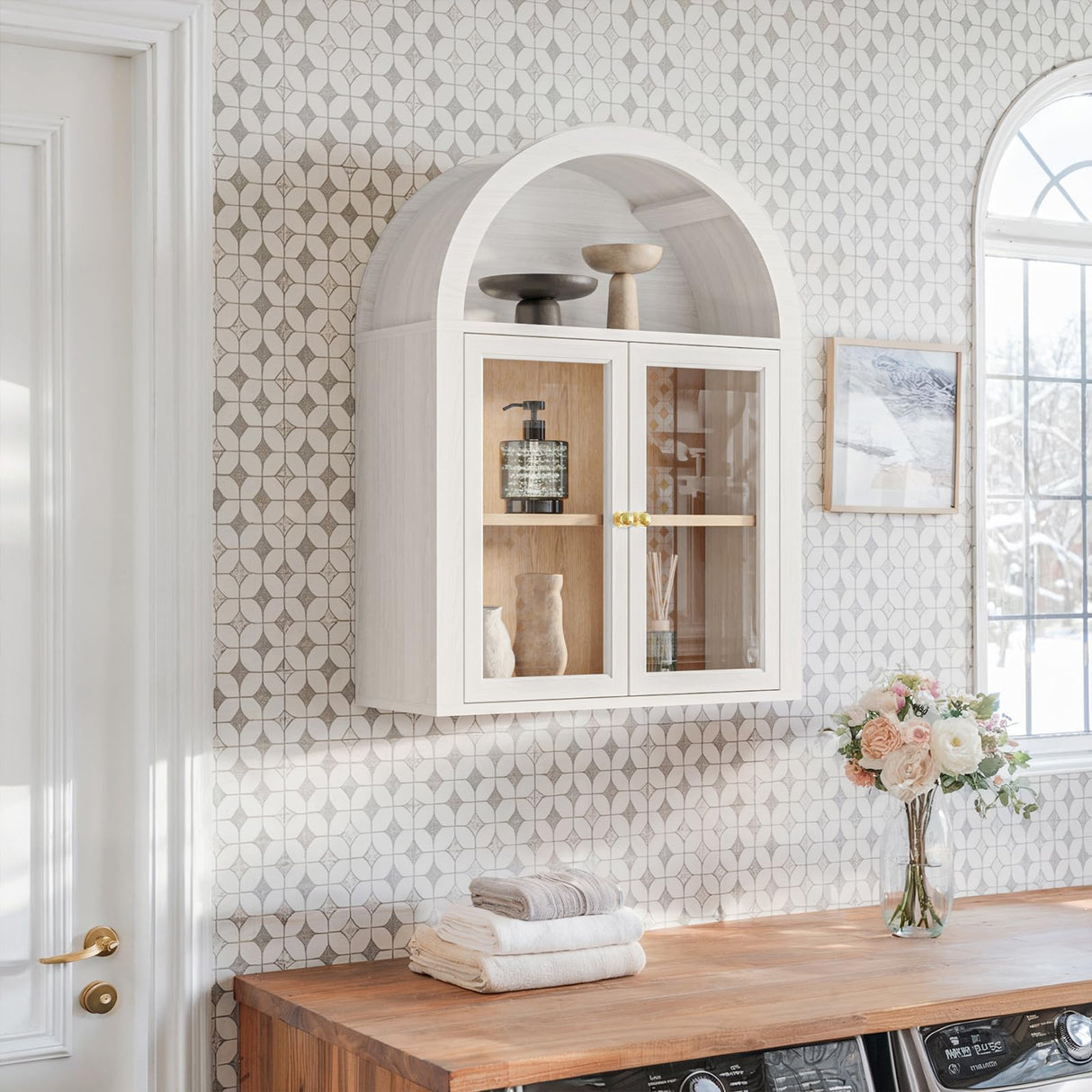 NEWOWNDS Arched Wall Cabinet,Glass Display Wall Mounted Cabinet with Tempered Glass Doors, Floating Cabinet with Adjustable Shelves for Bathroom,Living Room, Kitchen NEWOWNDS