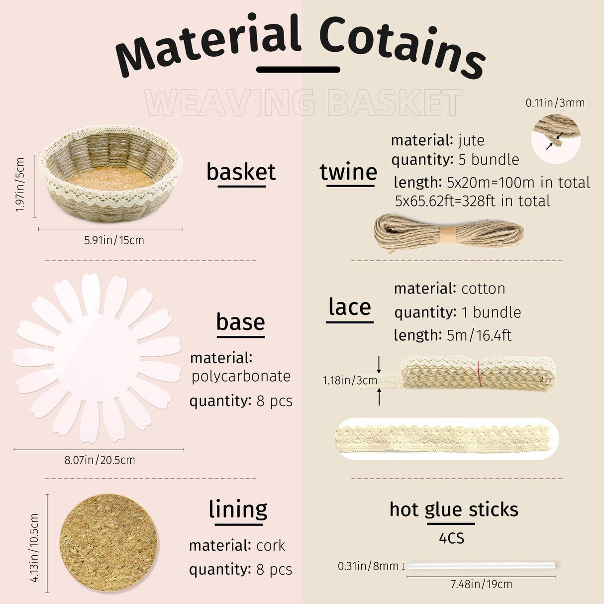 8 Sets Basket Weaving Craft Kit for Beginners,DIY Burlap Style Desk Storage Small Parts Candy Cookies Bowls,8 inches Plastic Base and 109yd Jute Twine and Cork Linings & Lace & Hot Glue Sticks AOUXSEEM