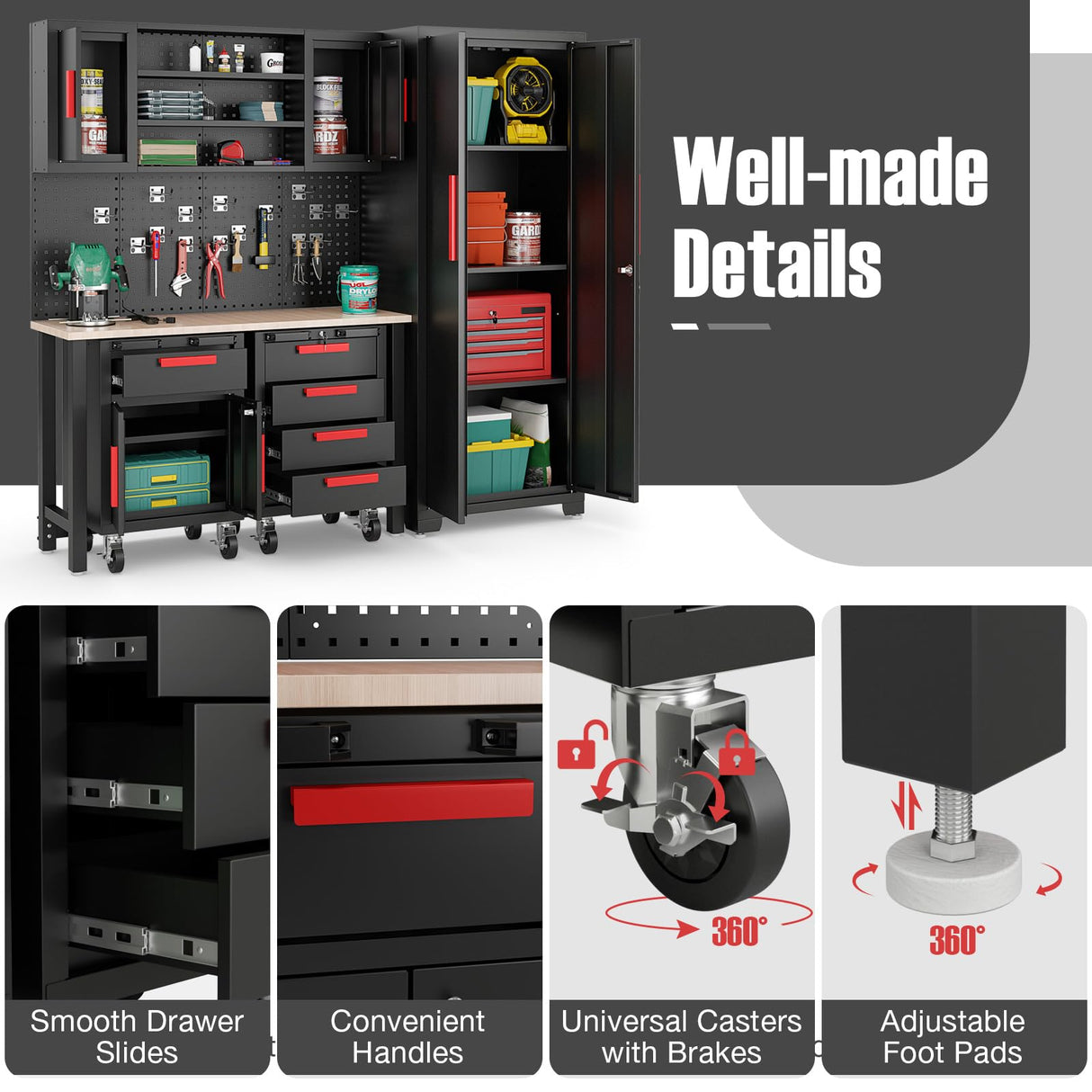 Goplus Garage Cabinets and Storage System, 6-Piece Garage Organization Cabinets Set with Rubber Wood Worktop, Pegboard, 2 Rolling Chests, Lockers, Tool Storage Chest for Workshop, 81.5” x 18.5” x 76” Goplus