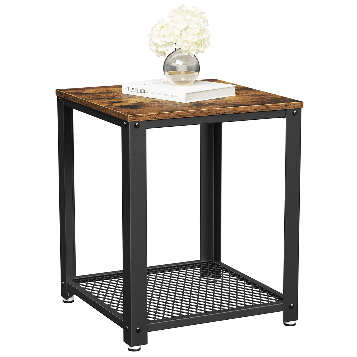 VASAGLE Side Table, 2-Tier Nightstand, End Table with Mesh Shelf, Steel Frame, Adjustable Feet, for Living Room, Bedroom, Industrial Style, Rustic Brown and Black ULET41X, 17.7 x 17.7 x 21.6 Inch VASAGLE