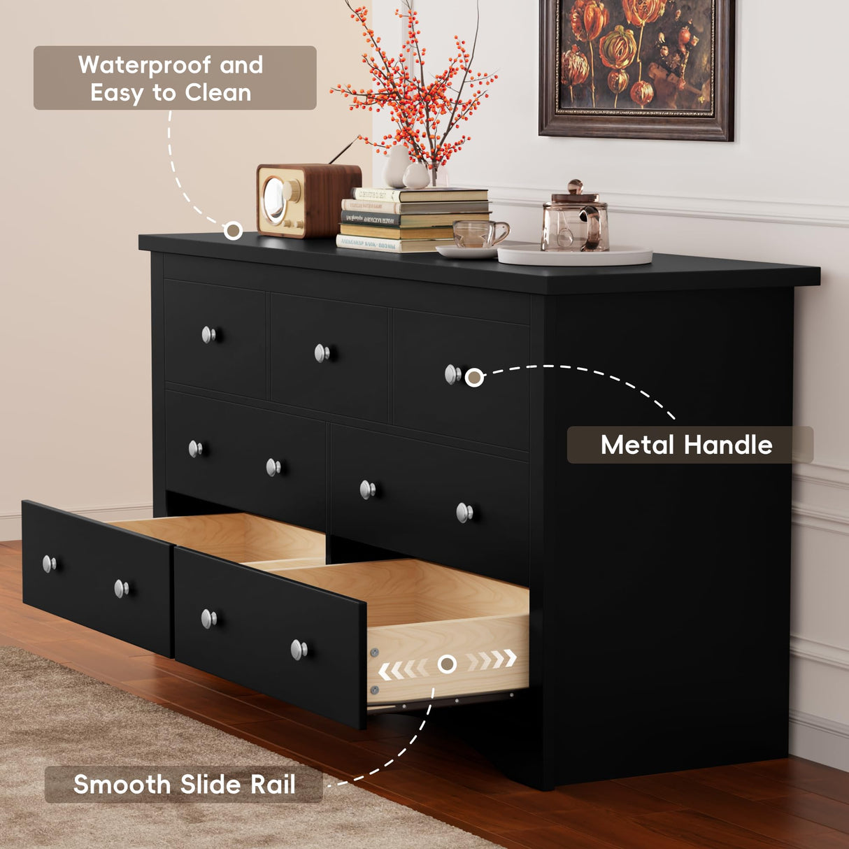 Furmax Dresser for Bedroom, 7 Wood Dresser, Chest of Drawers, for TV up to 65 inch, TV Stand Storage Chest of Drawers for Hallway Entryway (Black) Furmax