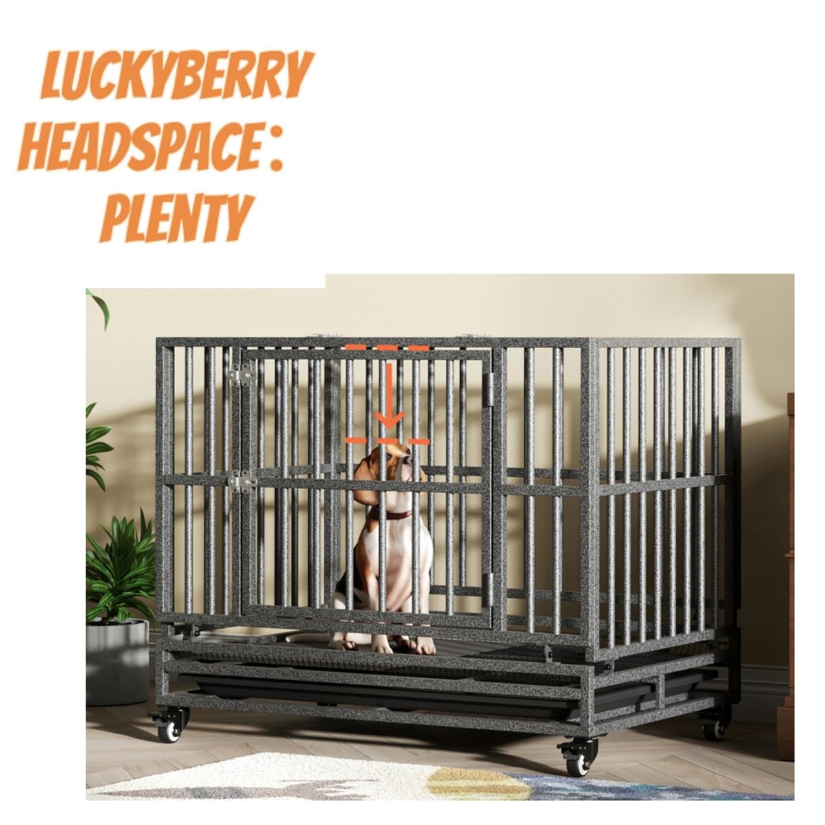 Luckyberry 38/42/46 inch Heavy Duty Extra Large Indestructible Dog Crate Kennel Indoor with Separation Anxiety Lockable Wheels and Removable Tray LUCKYBERRY