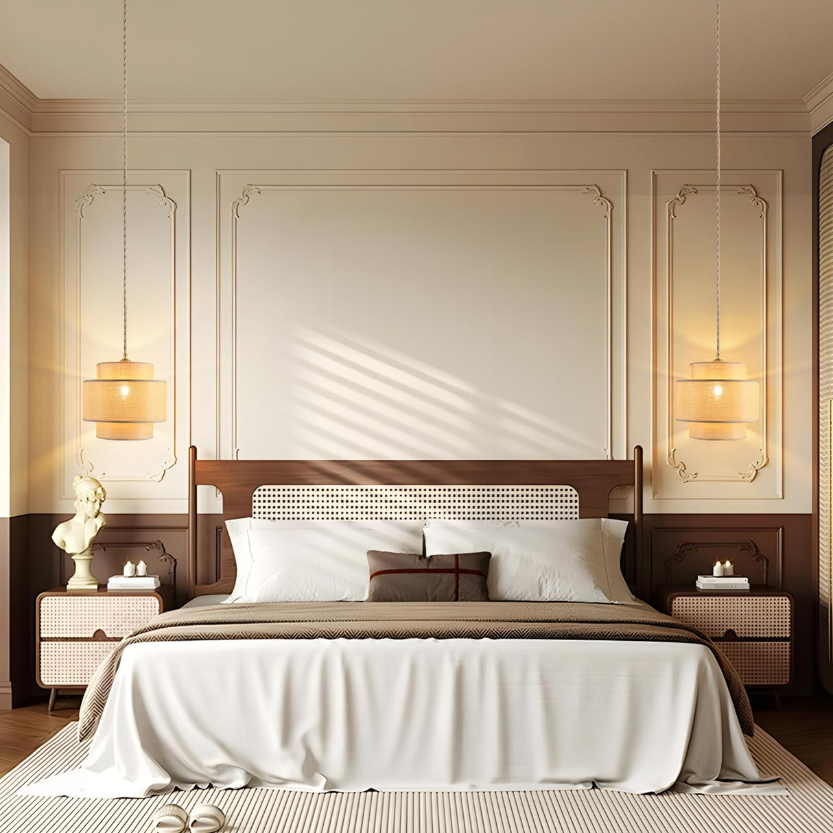 QIYIZM Plug in Pendant Light Hanging Lights with Plug in Cord Hanging Lamp Rattan Boho Dimmable,Wicker Bamboo Woven Lamp Shade, Plug in Ceiling Light Fixture for Farmhouse Living Room Bedroom Kitchen QIYIZM