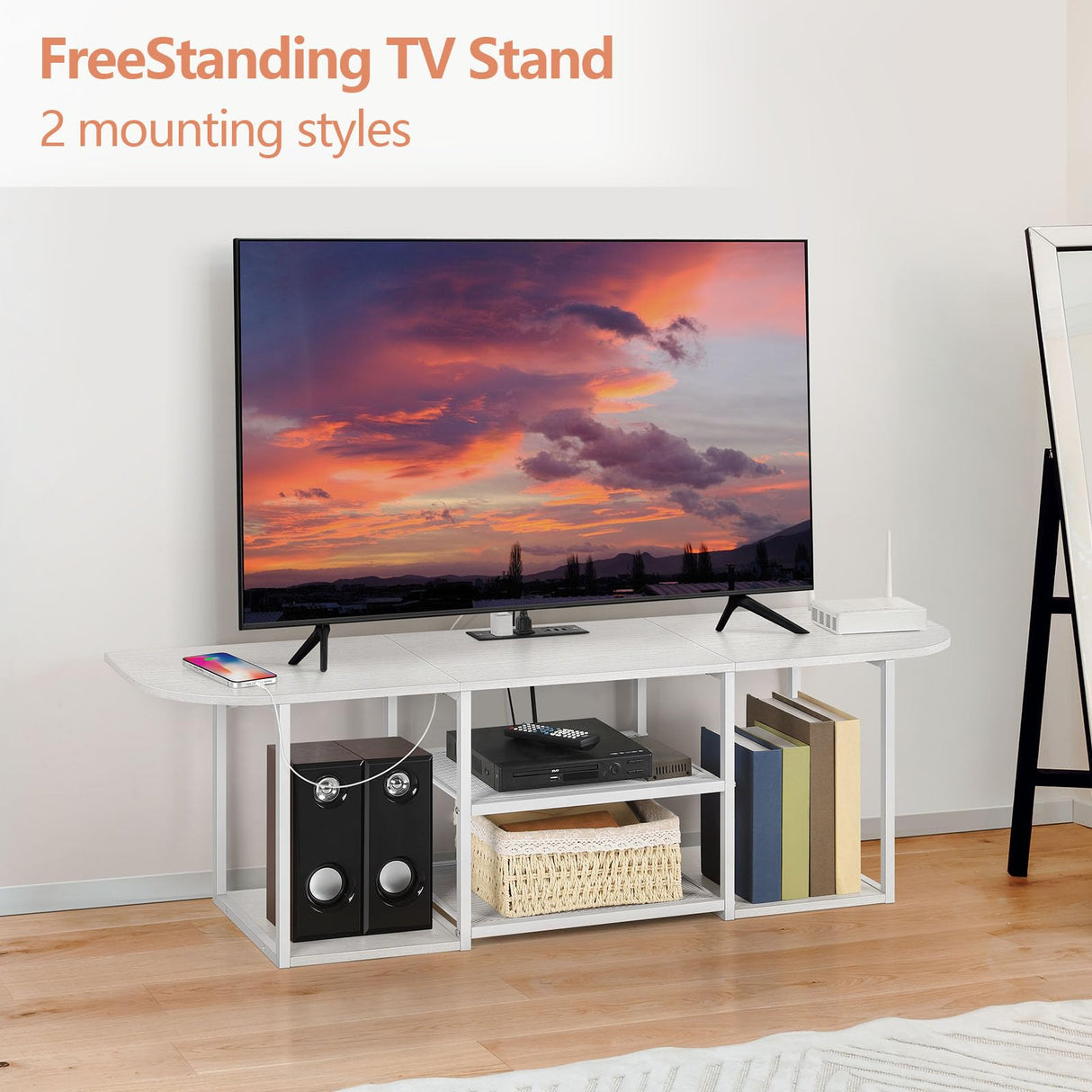 BTY Floating TV Stand with Power Outlet Wall Mounted Entertainment Center for Under TV Storage, White TV Console for 50 Inch TV, for Living Room, Bedroom BTY
