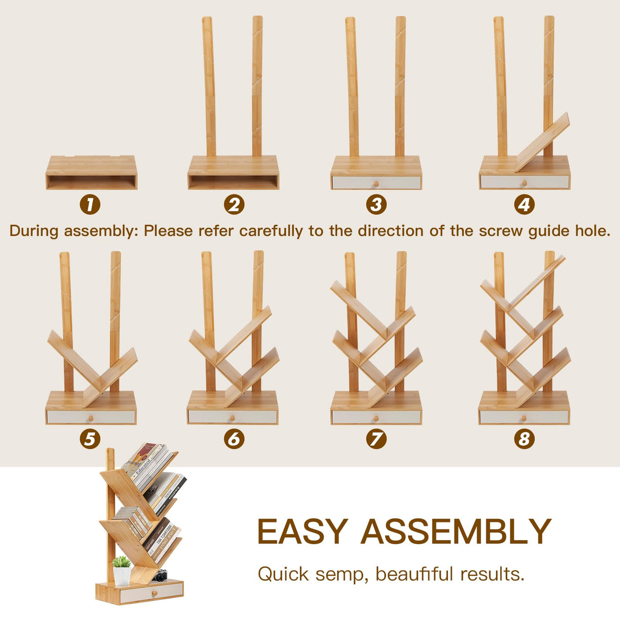 PERFECYEE 4 Tier Tree Bookshelf with Drawer, Small Bookcase, Desktop Bookshelf Floor Standing Bookcase Display for Living Room, Bedroom, Natural PERFECYEE