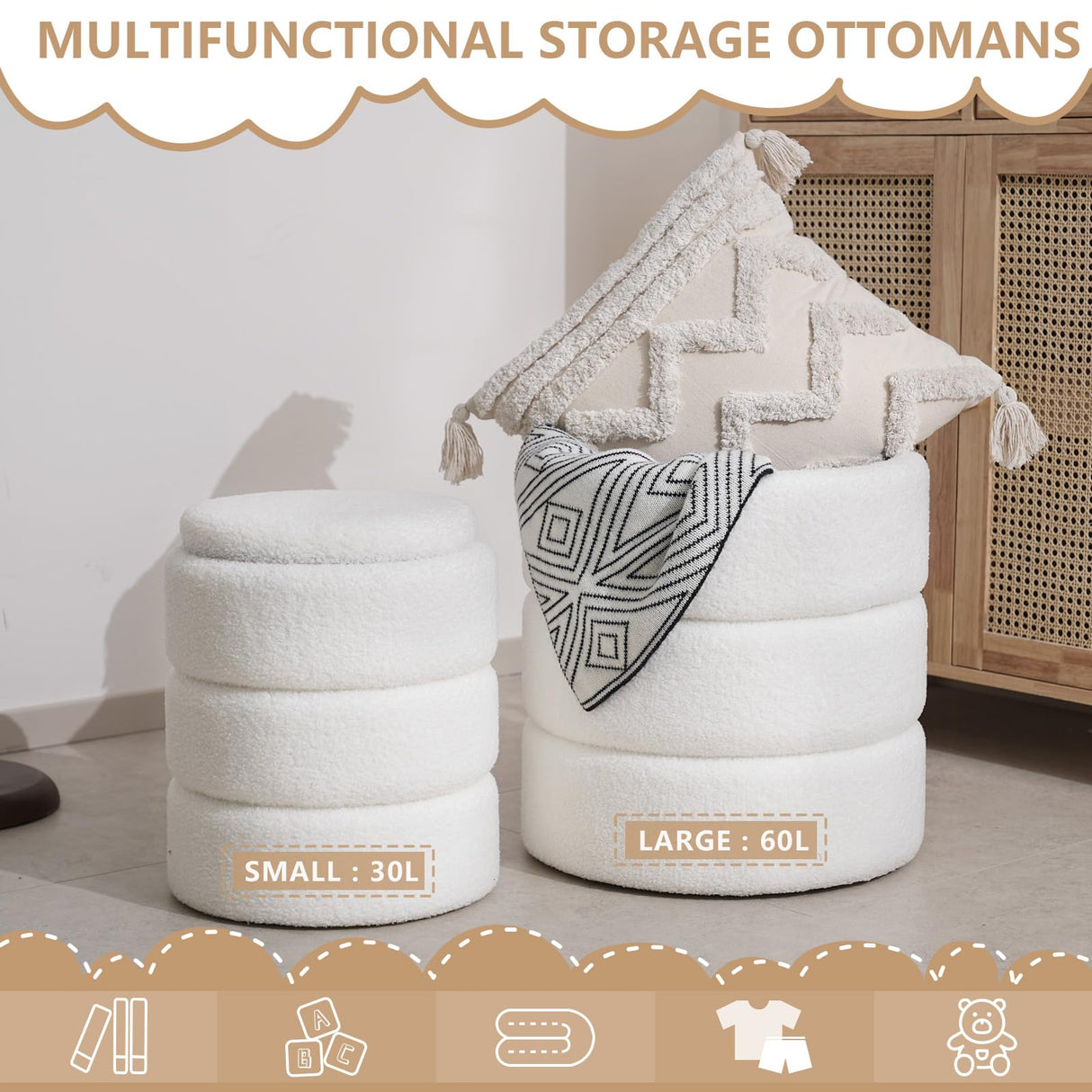 oakvivo Round Ottoman with Storage Set of 2, Soft Teddy Velvet Upholstered Foot Stool Vanity Chairs, Support 330lbs Padded Seat Multifunctional Ottomans Footrest, Foot Rest for Living Room, White oakvivo