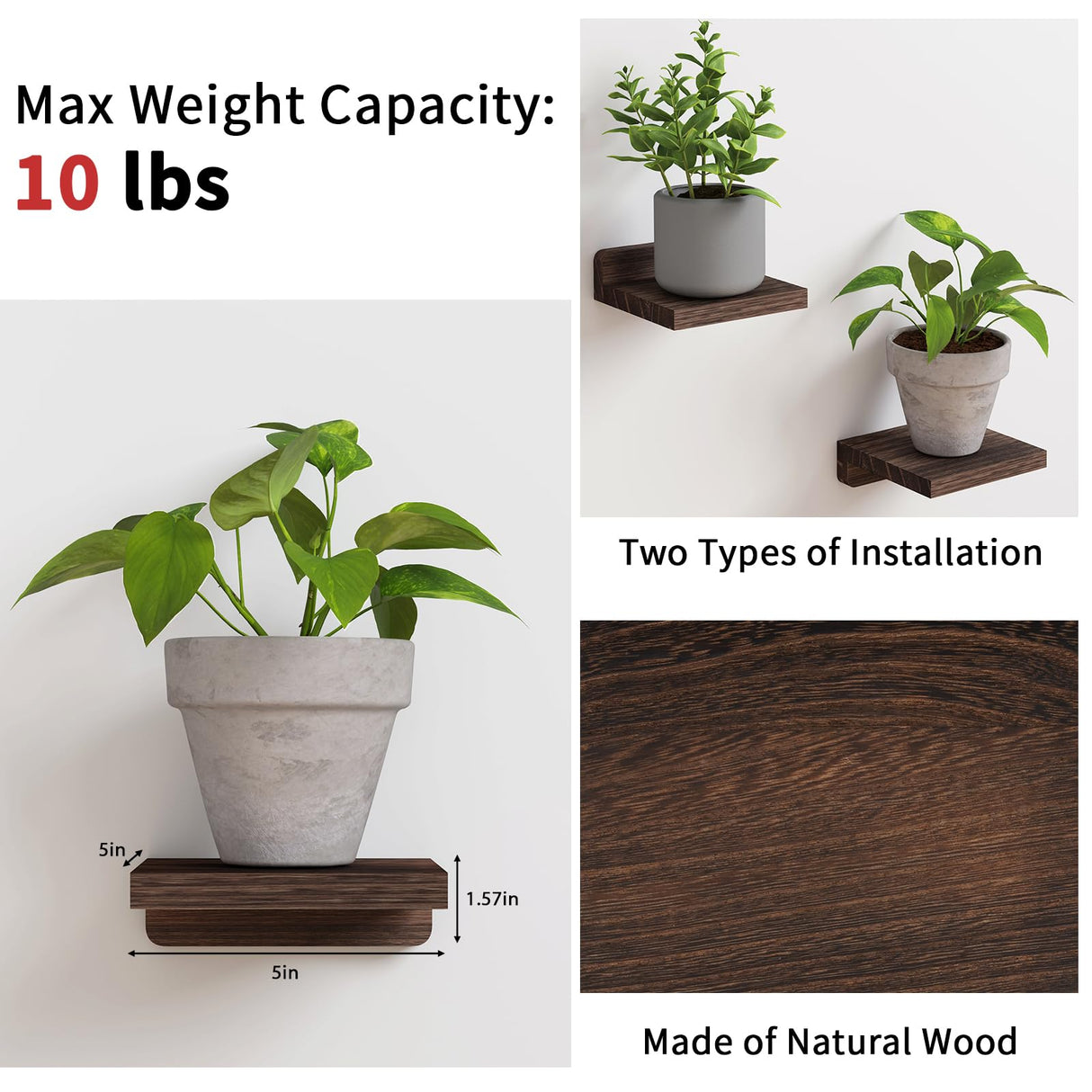 Fixwal Small Floating Shelves, 5X5 Inches Wall Shelf Set of 4, Rustic Wood Small Wall Mounted Shelves for Bedroom, Living Room, Kitchen, Bathroom Decor (Dark Carbonized Black) Fixwal