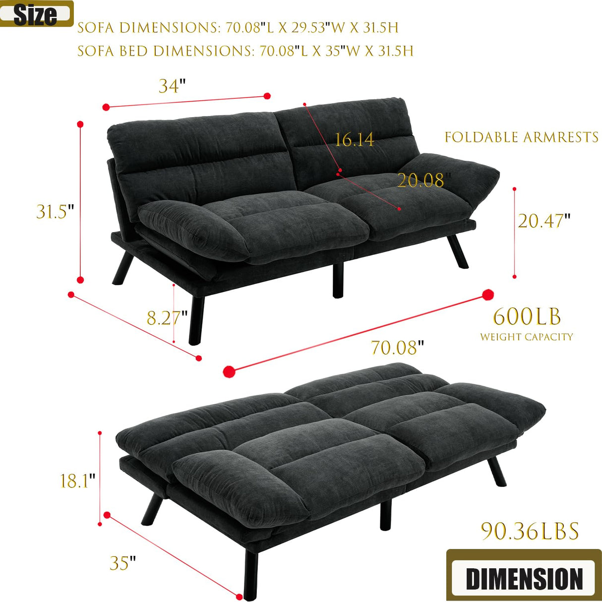 70“Futon Sofa Bed,Convertible Folding Futon Couch Breathable Small Couch,Upholstered Double Loveseat Bed for Compact Living Studio in Room and Bedroom,Offices,Family,Dorm (Dark Gray Linen) Klwenas Maec